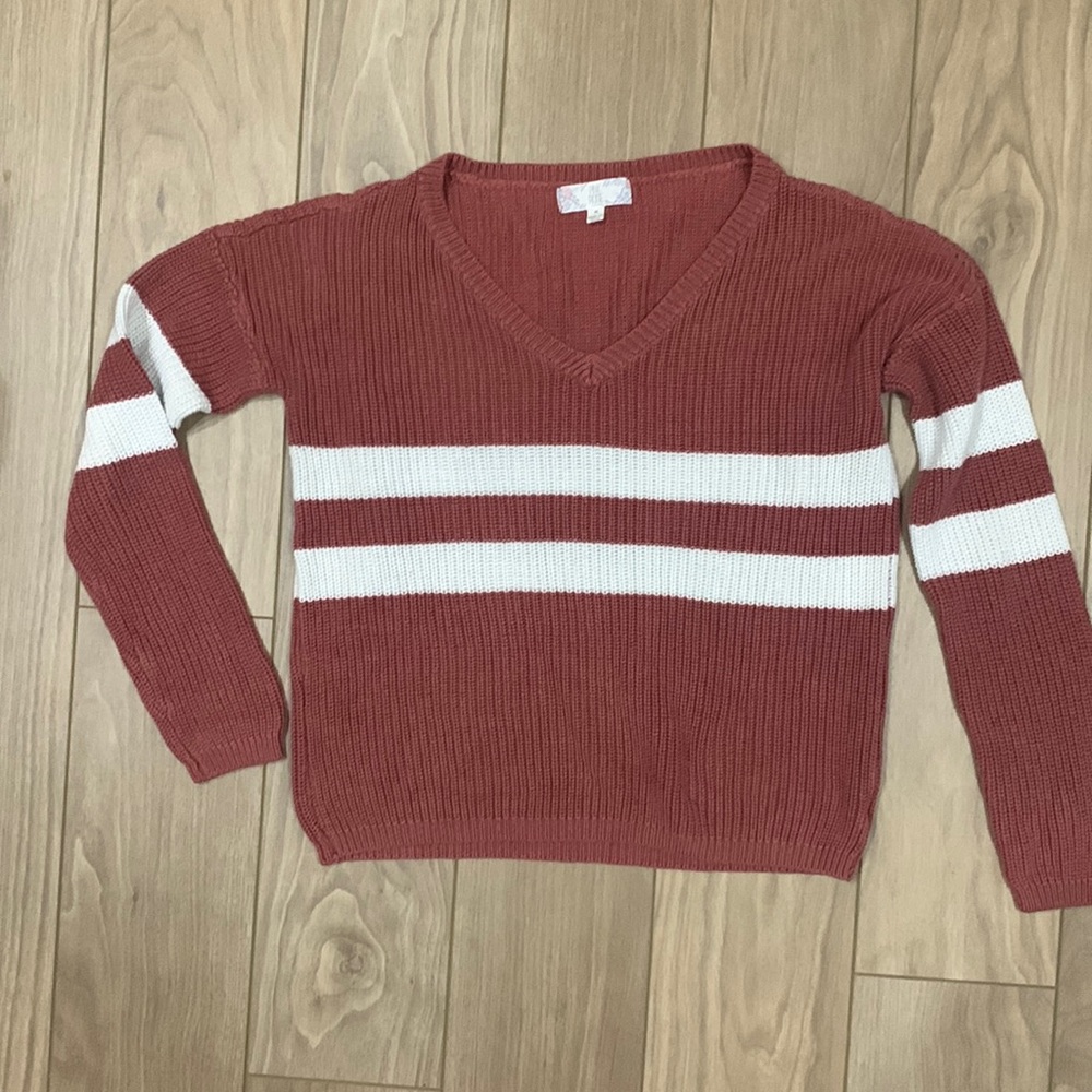 Pink Rose M Sweater - pink and white stripe varsity style